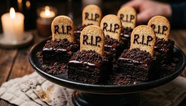 Un'alzatina scura con quadretti di brownie al cioccolato decorati come piccole tombe con biscotti a forma di lapide e scritte RIP