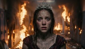 Primo piano espressivo di una giovane prom queen in lacrime, con il viso sporco di cenere e ferite, nel mezzo di un incendio scolastico per la nuova serie tv carrie