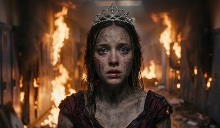 Primo piano espressivo di una giovane prom queen in lacrime, con il viso sporco di cenere e ferite, nel mezzo di un incendio scolastico per la nuova serie tv carrie
