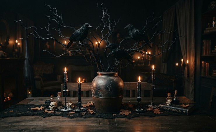 Decorazioni Halloween fai da te: un centrotavola spettrale con rami secchi neri e corvi finti su un tavolo rustico in penombra, circondato da candele accese e teschi