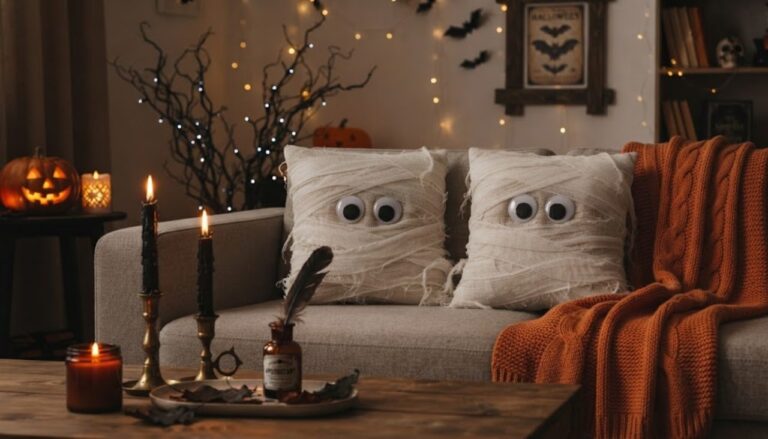 Decorazioni Halloween fai da te: cuscini-mummia su un divano, rami neri, pipistrelli sulla parete e candele accese in un soggiorno caldo e spettrale