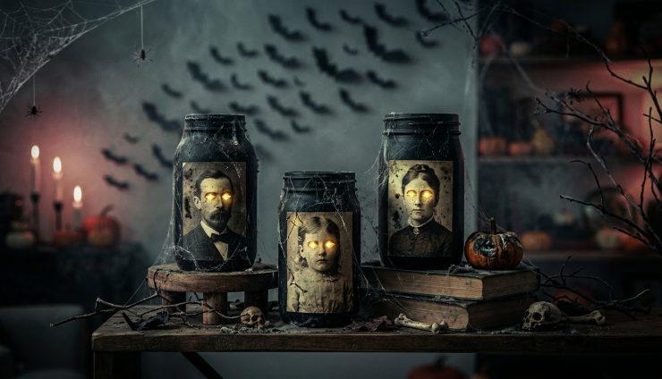 tre lanterne vittoriane spettrali realizzate con barattoli neri e ritratti d'epoca dagli occhi illuminati, decorate con ragnatele