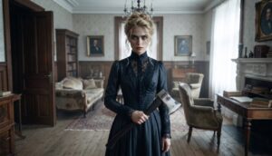 Una giovane donna in abito vittoriano nero tiene in mano un'ascia all'interno di un salotto del XIX secolo, evocando l'atmosfera della serie Netflix Monster - La storia di Lizzie Borden