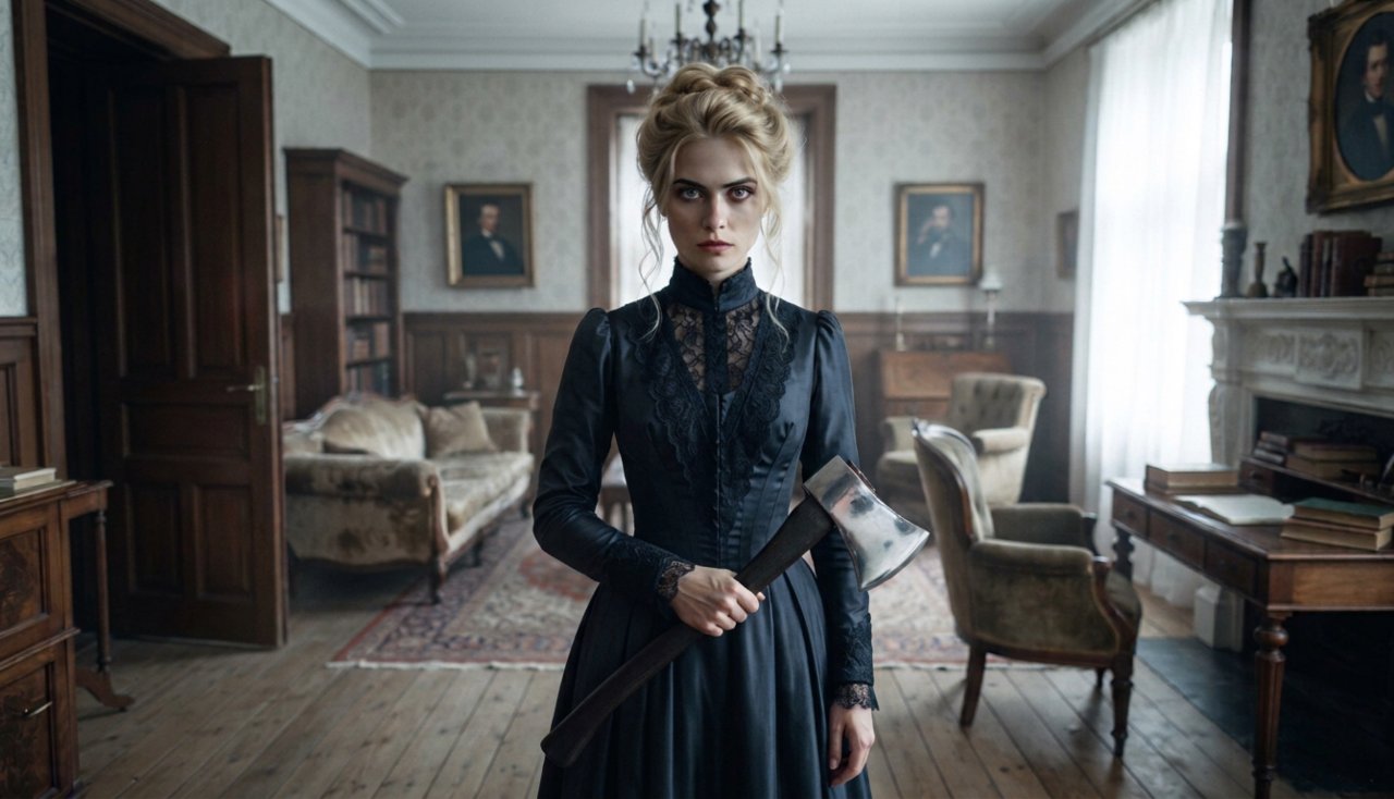 Una giovane donna in abito vittoriano nero tiene in mano un'ascia all'interno di un salotto del XIX secolo, evocando l'atmosfera della serie Netflix Monster - La storia di Lizzie Borden