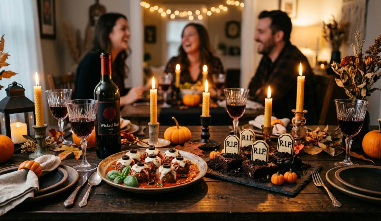 Una tavola calda e luminosa imbandita a lume di candela con zucche, foglie autunnali e piatti speciali per il perfetto menù di Halloween tra amici.