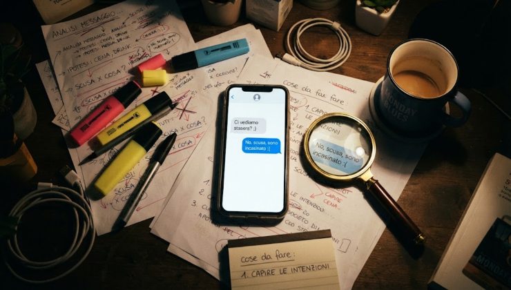 Una scrivania disordinata vista dall'alto, con uno smartphone al centro circondato da evidenziatori, una lente d'ingrandimento e fogli pieni di appunti e frecce intitolati "Analisi messaggio", a rappresentare ironicamente lo studio ossessivo di una chat