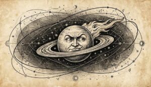 llustrazione in stile incisione antica su pergamena invecchiata raffigurante il pianeta Saturno con un volto umano ironico, circondato da orbite celesti e costellazioni astronomiche per l'oroscopo della settimana