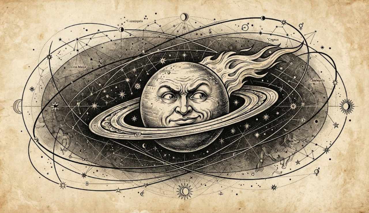 llustrazione in stile incisione antica su pergamena invecchiata raffigurante il pianeta Saturno con un volto umano ironico, circondato da orbite celesti e costellazioni astronomiche per l'oroscopo della settimana 