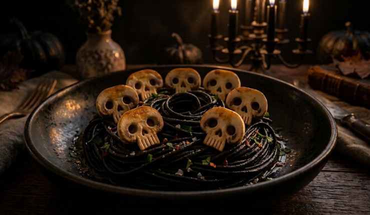 Un piatto scuro di spaghetti al nero di seppia conditi con funghi champignon intagliati a forma di teschi, con uno sfondo notturno e candele accese