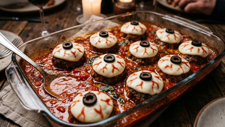 pirofila di vetro con polpette di carne al sugo di pomodoro decorate con mozzarella fusa e olive nere per sembrare bulbi oculari iniettati di sangue