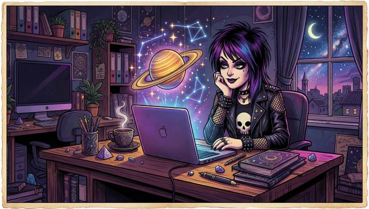Illustrazione digitale in stile fumetto pop di una ragazza goth seduta alla scrivania mentre lavora al laptop, con un pianeta Saturno luminoso e costellazioni che fluttuano sopra lo schermo in una stanza con luci neon viola e azzurre