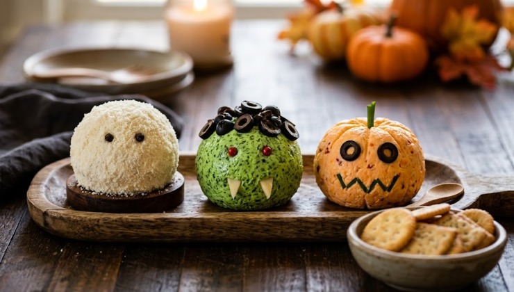 Tre polpettine di formaggio decorate a tema Halloween disposte su un vassoio di legno con cracker